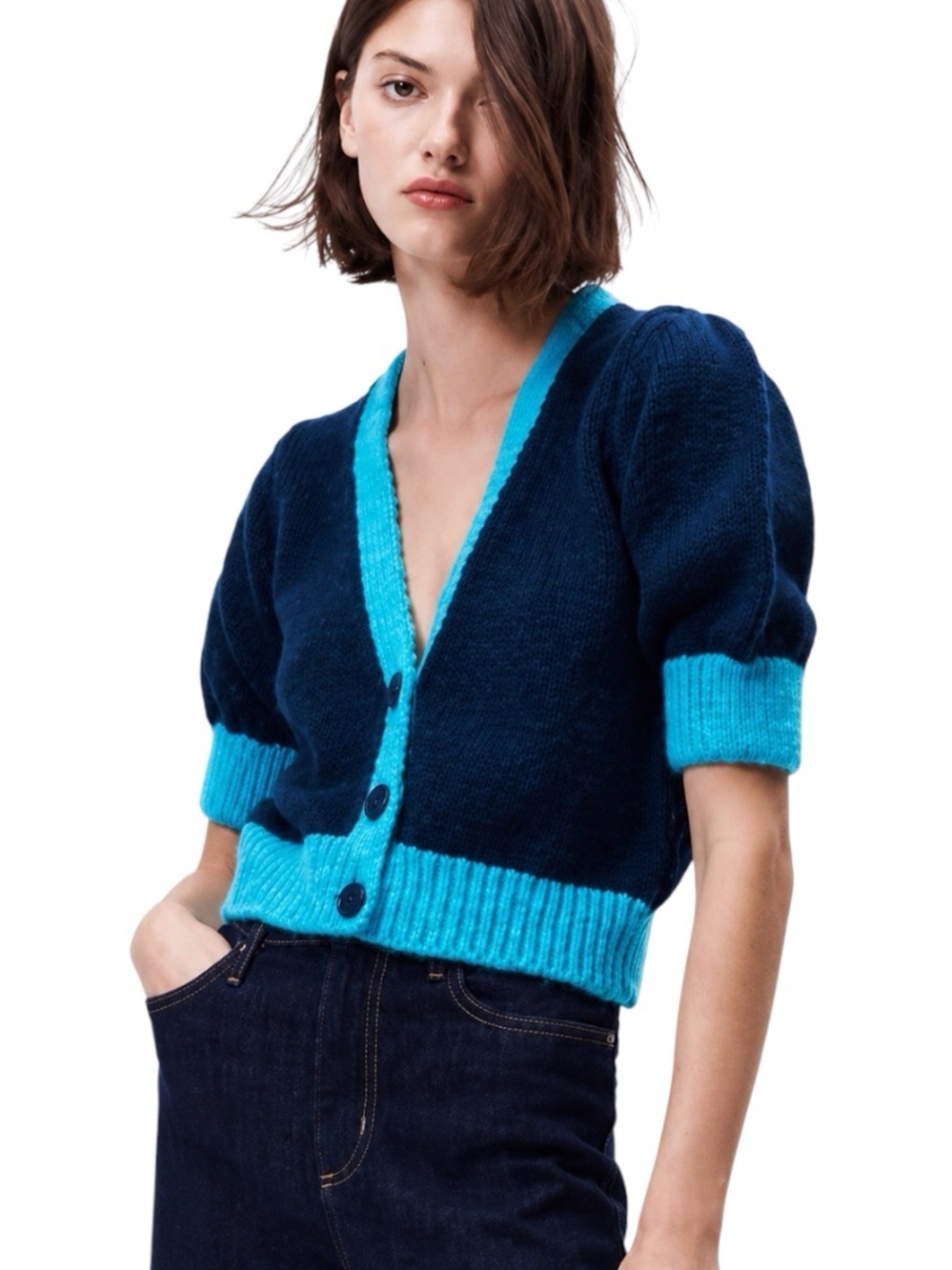 Zara Contrast Trim Knit Cardigan Puff Sleeve Blue Size S